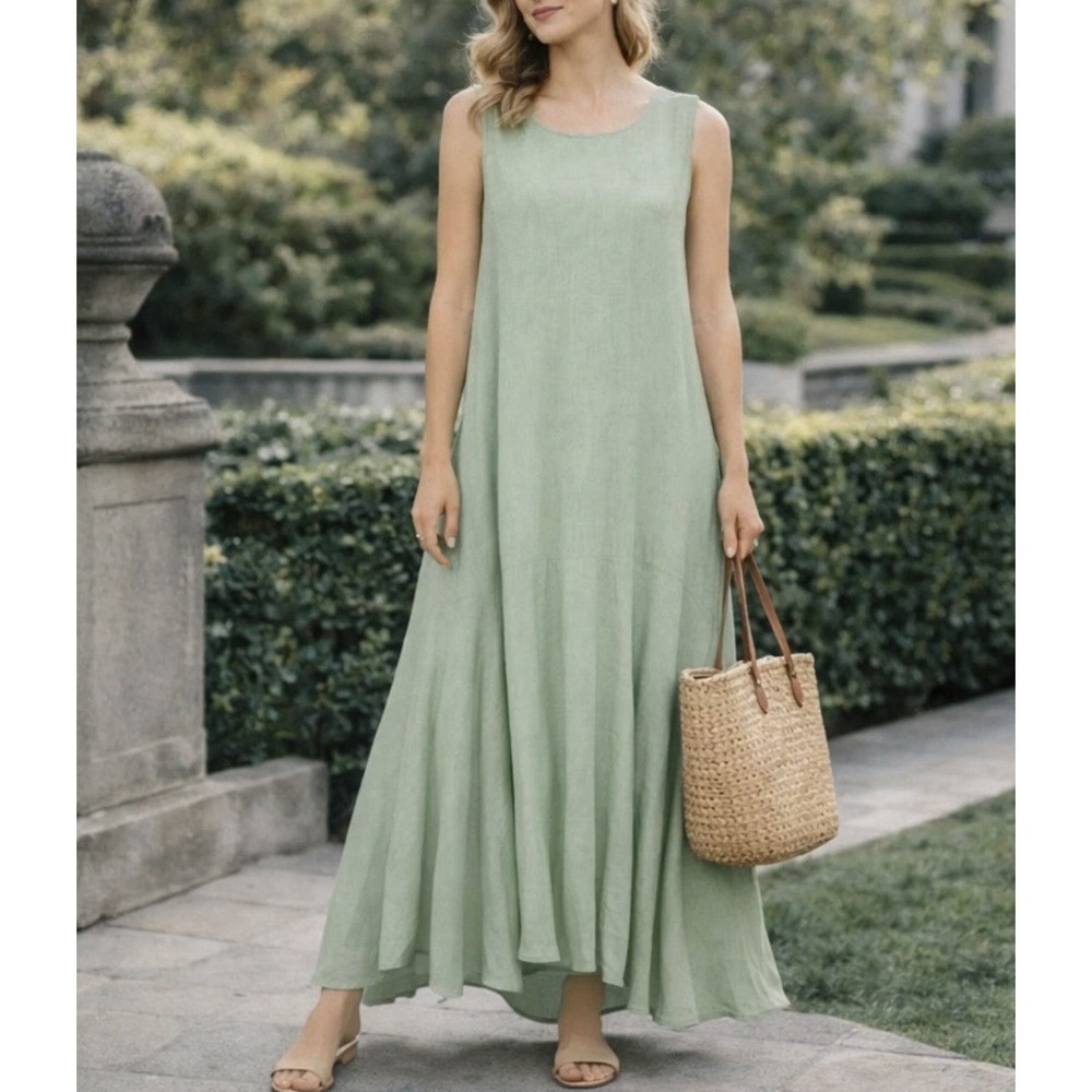 CYNTHIA ROWLEY Linen Blend Hi Low Maxi Dress Green Sleeveless M Boho Lagenlook